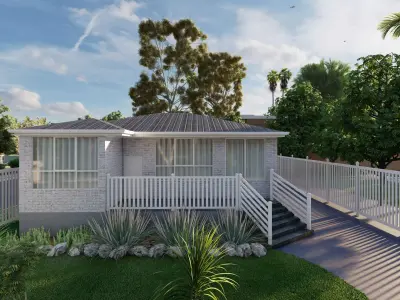 3d exterior render house with deck and fence 3D model