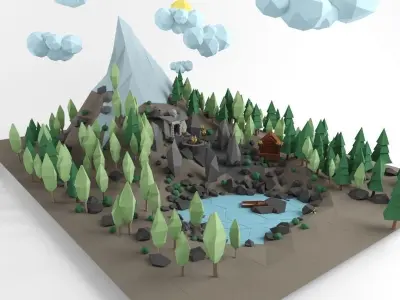 Low poly lanscape mountain hill tree lake and other items Low-poly 3D model