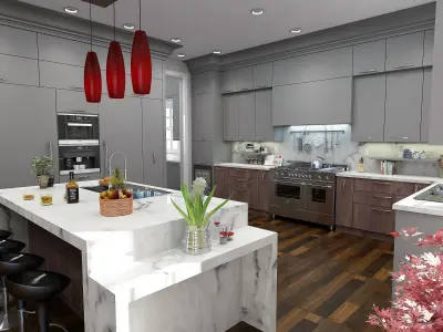 3D Kitchen Model modern with wood floors 3D model