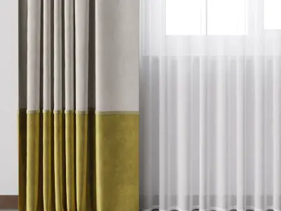 yellow Curtains with metal curtain rod 07 Low-poly 3D model