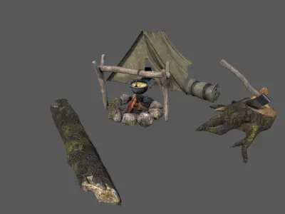 CAMPING tent and logs in woods 3D model