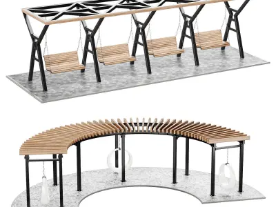 Set of pergolas gazebos canopies with swings benches  3D model