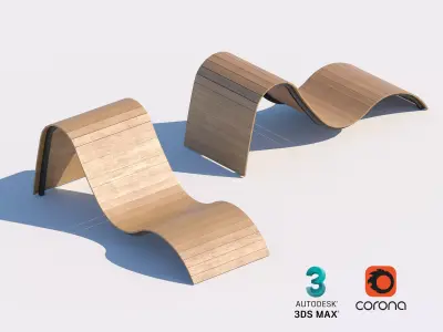 Wave-Shaped Wooden Loungers for Modern Outdoor Spaces 3D model