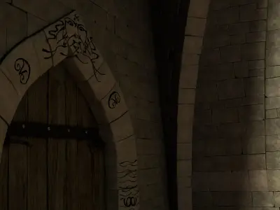 Medieval hall with arballista and a tower bridge Low-poly 3D model