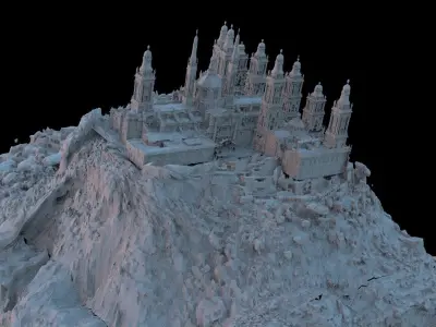 Huge monastery on mountain with bridge 3D model