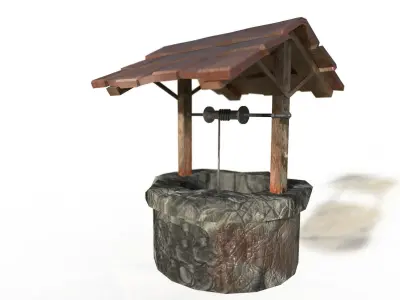 waterwall water well with wooden roof Low-poly 3D model