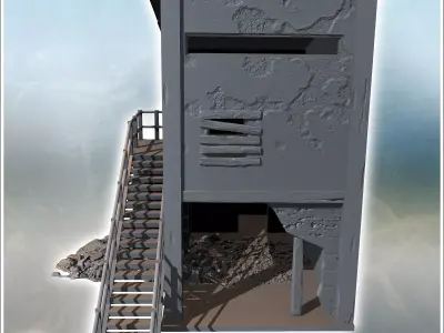 Two-story building with damaged exterior walls and an attached m 3D print model
