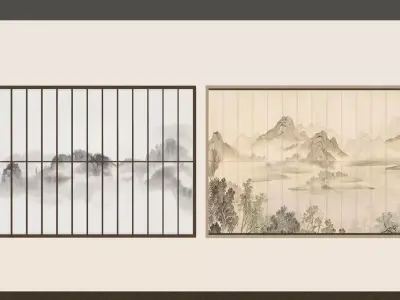 On the left is a screen with wooden grids 3D model