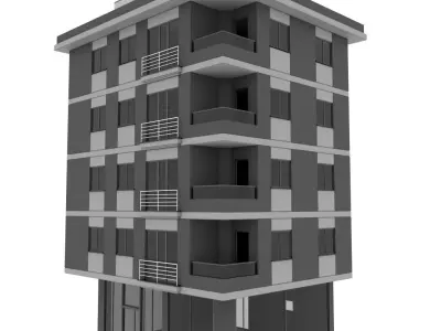 Simple Building 4-Storey Low-Poly Model with Terrace and Store Low-poly 3D model