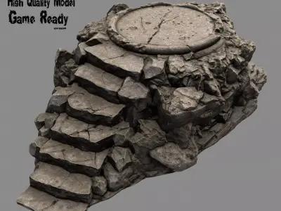 Temple stone staircase on rock Low-poly 3D model