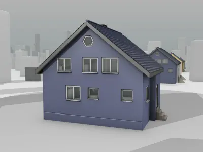 City House -18- Half-Double-House - Roof blue- Wall blue Low-poly 3D model