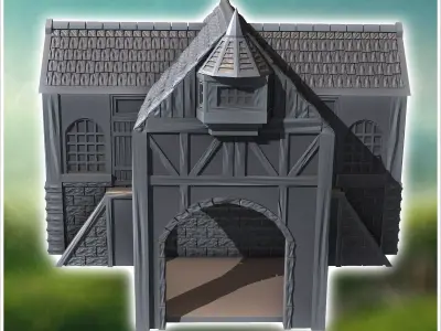 Medieval building with external stone staircase and large column 3D print model