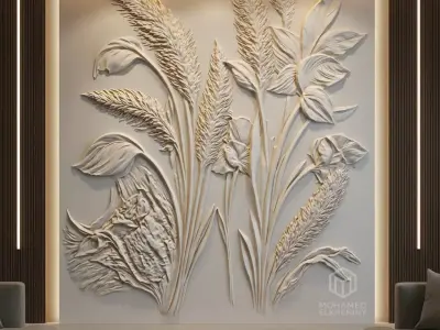  Decorative Floral Relief Wall Decor Set STL Mural CNC 390 3D model