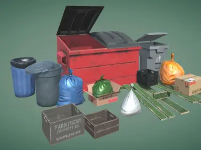 Garbage bins and  crates and other Props Low-poly 3D model