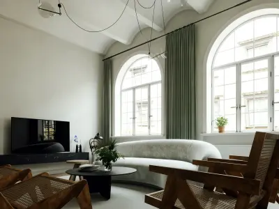 livingroom-Scandinavian-style round marble table with plant 3D model