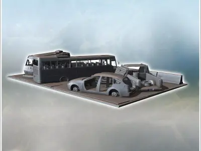 Broken-down vehicles and barriers arranged in a defensive config 3D print model