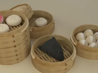 Chinese dim sum in steamer bamboo 3D model