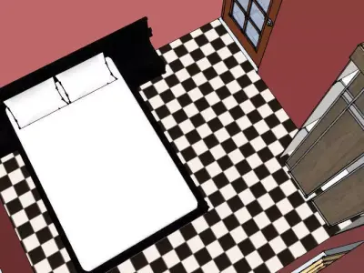 Interior room with bed and checkered floor 3D model