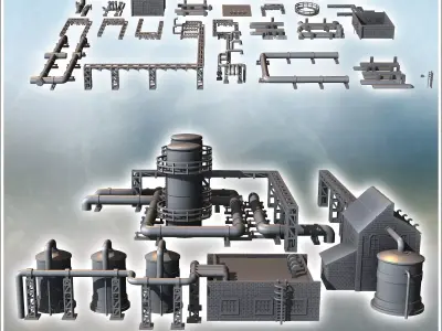 Modular industrial site set with large storage tanks pillars wit 3D print model