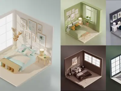 5 Lowpoly bedrooms bedroom with bed and lamp Low-poly 3D model