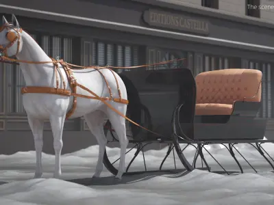  Antique Winter Sleigh with Harnessed Horse 