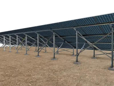 Lowpoly Ground Mounted Solar Panels-20 Rows of PV Modules Low-poly 3D model