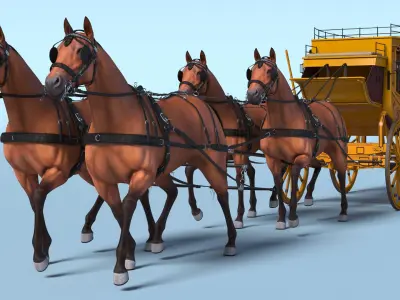  Four Bay Horses Harness with Stagecoach 
