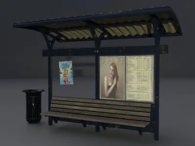 Bus station with trashcan PBR 3D model