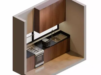 Walnut And Black Isometric Kitchen 3D model