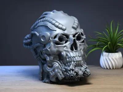Robot Skull Headphone Stand Cyborg Headset Stand 3D print model 5