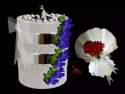 love story set  wedding cake and ring and bouquet of flowers 3D model