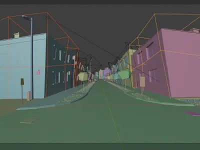 Street with stylized buildings low poly scene Free 3D model