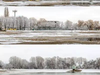 Panorama of the park with a lake and snow-covered trees - 40k 3D model