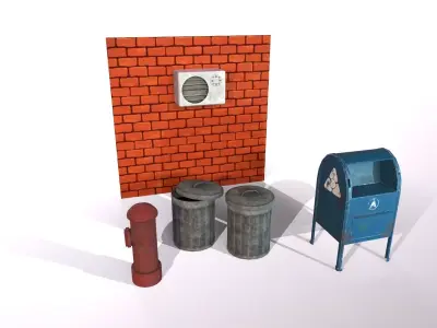 Stylized city street props trash can post box hydrant asset  Low-poly 3D model