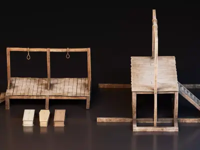 Medieval Gallows Platform with 3 Coffins Low-poly 3D model