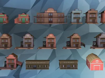 Low poly western buildings Low-poly 3D model