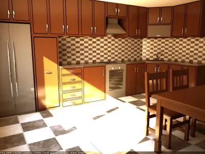 Kitchen with wooden cabinets and checkered floor 3D model