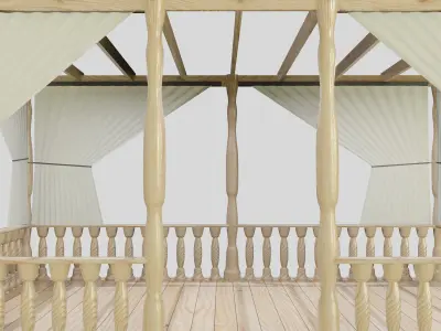 Pergola wooden gazebo with curtains 3D model