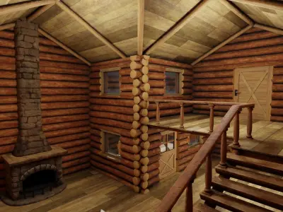 Large Log Cabin with Interior Fireplace Doors and Windows Low-poly 3D model