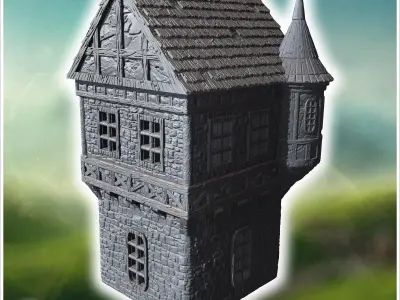 Tall medieval building with a turret stone walls and a pointed r 3D print model