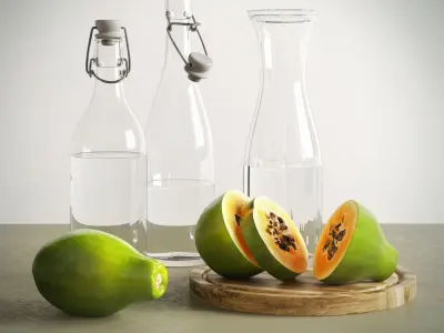 Clear bottles and fruit 3D model
