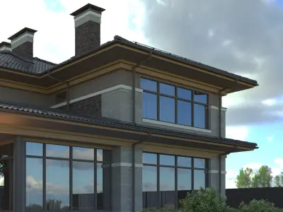 The house is finished with stone brick and wood 3D model