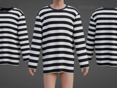 Male Oversized Harajuku Tee Shirt - Long-sleeved Stripes T-Shirt Low-poly 3D model