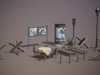 Low Poly WWII-Era City Street Props Game Ready Asset Pack Low-poly 3D model