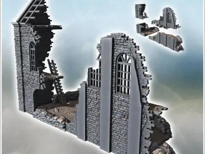 Ruined wall segment with sandbag barricades and exposed pipes at 3D print model
