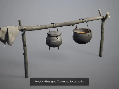 Bonfire with Hanging Cauldrons and firewood 3D Model Pack