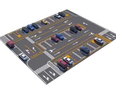 Parking Lot Scene with Low-poly 3D model