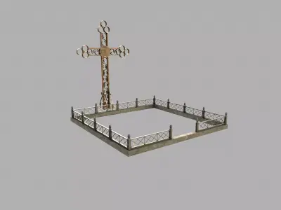 Fenced Grave With Brass Cross Low-poly 3D model
