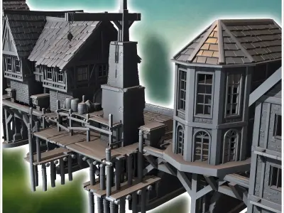 Medieval bridge set with houses statues cranes on stilts 12 - Me 3D print model