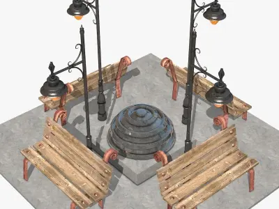 Benches and Lanterns on a Street Low-poly 3D model
